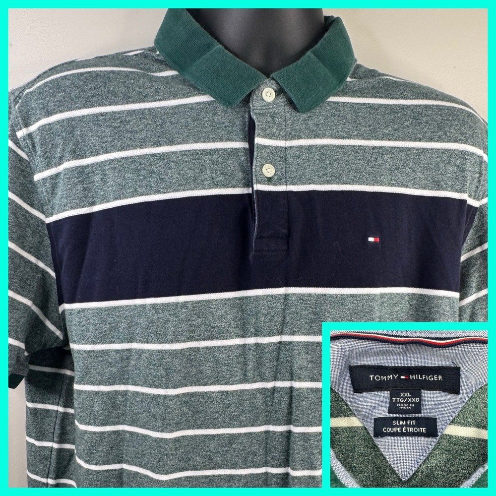 Tommy Hilfiger Polo Shirt Mens XXL Green Striped Slim Fit Short Sleeve Logo